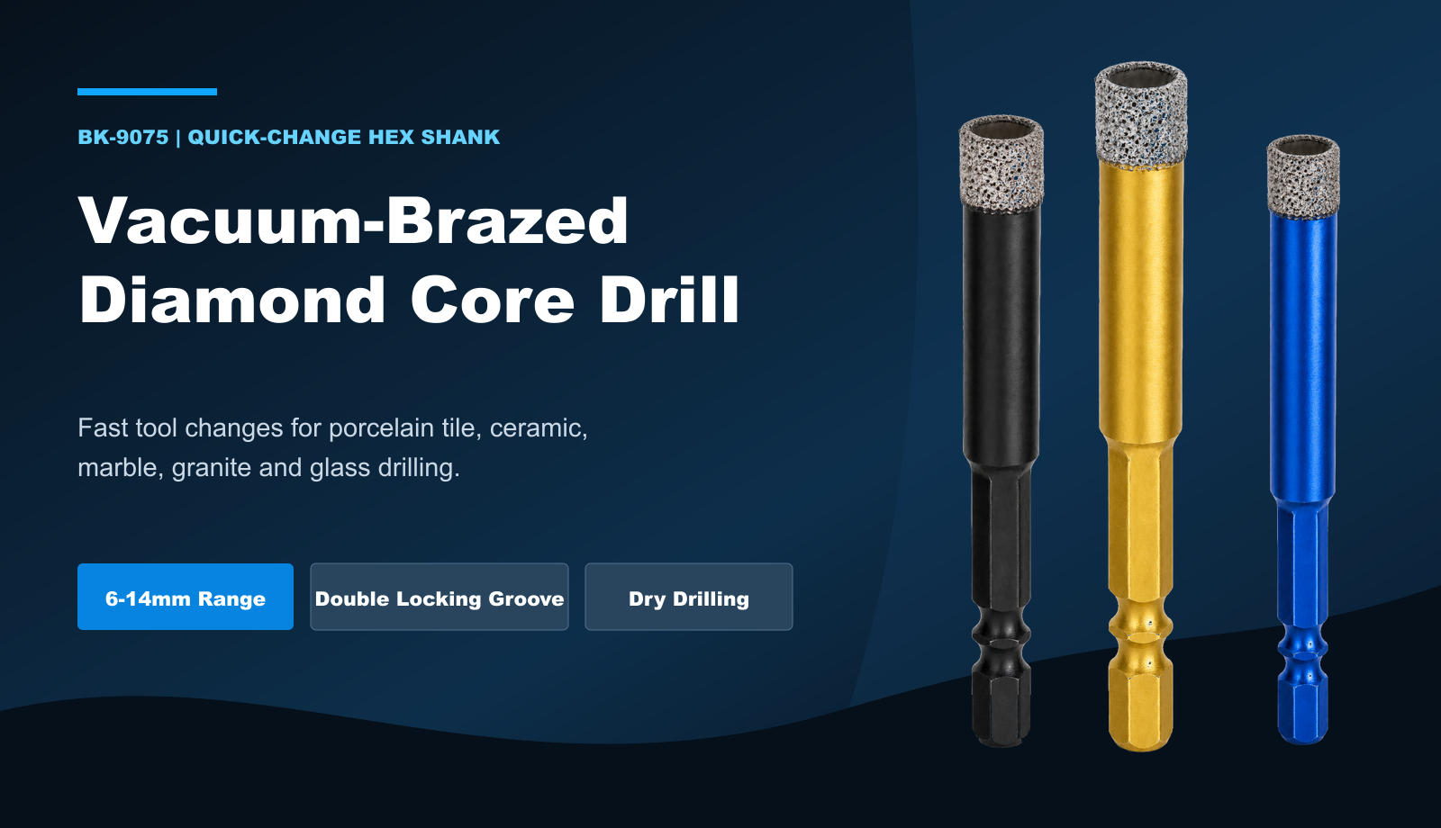 BK-9075 quick-change hex-shank vacuum-brazed diamond core drill in black gold and blue