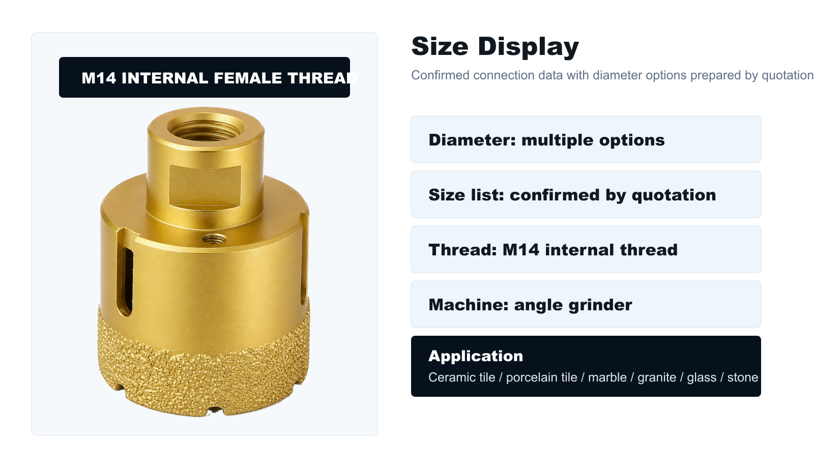 BK-9077 M14 internal thread and size quotation display
