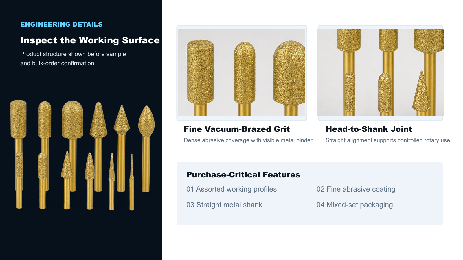 BK-9078 diamond grit and head-to-shank detail inspection