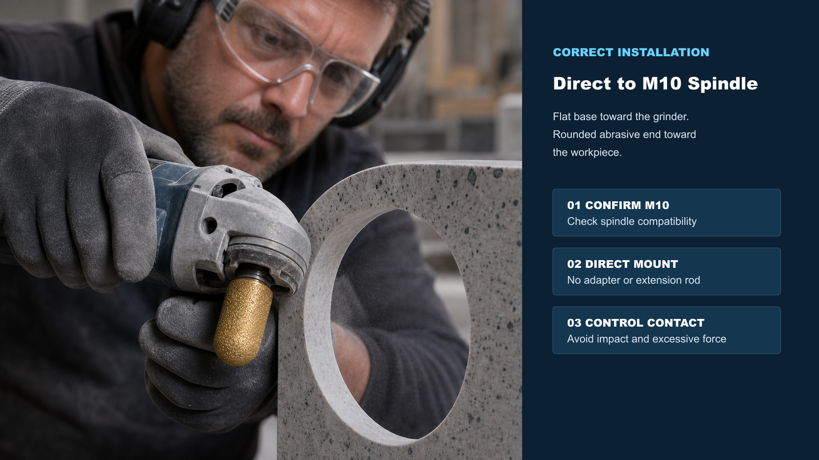 BK-9079 M10 rounded grinding head directly mounted on a grinder for stone opening refinement