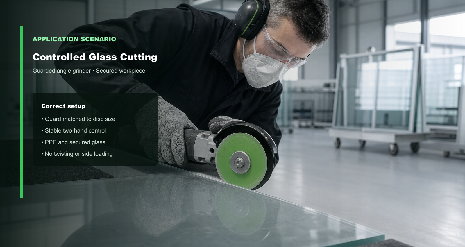 BK-9081 green diamond disc cutting architectural glass in a professional workshop