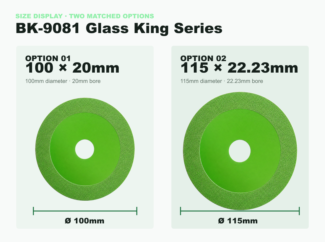 BK-9081 size options: 100mm diameter with 20mm bore and 115mm diameter with 22.23mm bore