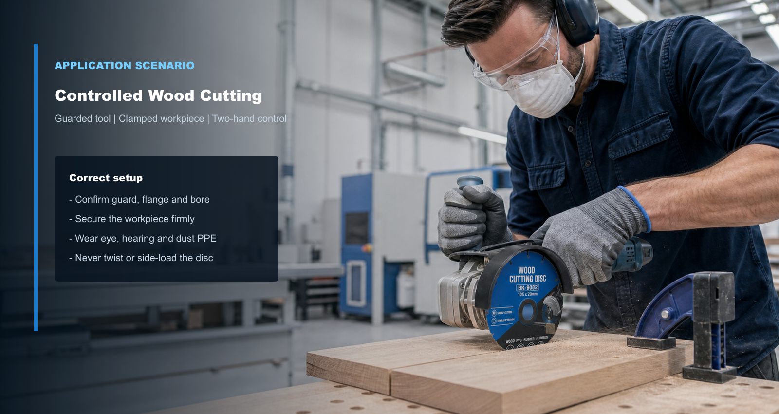 BK-9082 blue woodworking cutting disc used on a secured hardwood board