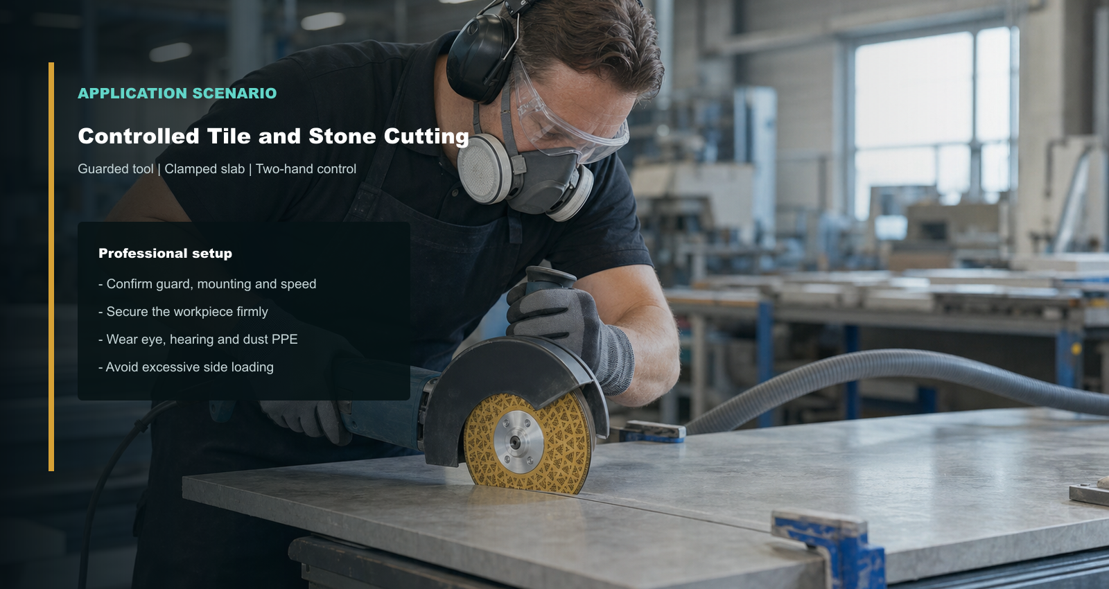 BK-9083 used with a guarded angle grinder on a secured stone slab