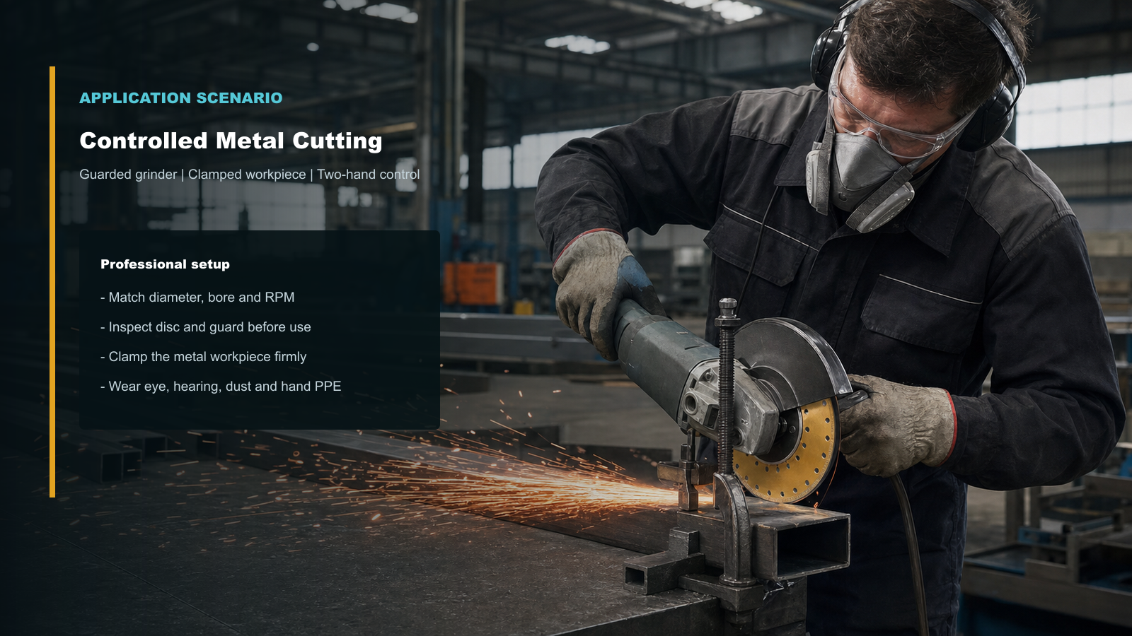 Guarded angle grinder cutting a clamped steel tube with BK-9084 disc