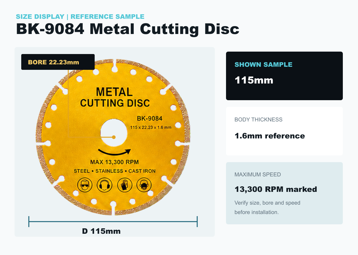 BK-9084 115mm diameter 22.23mm bore and 1.6mm thickness reference