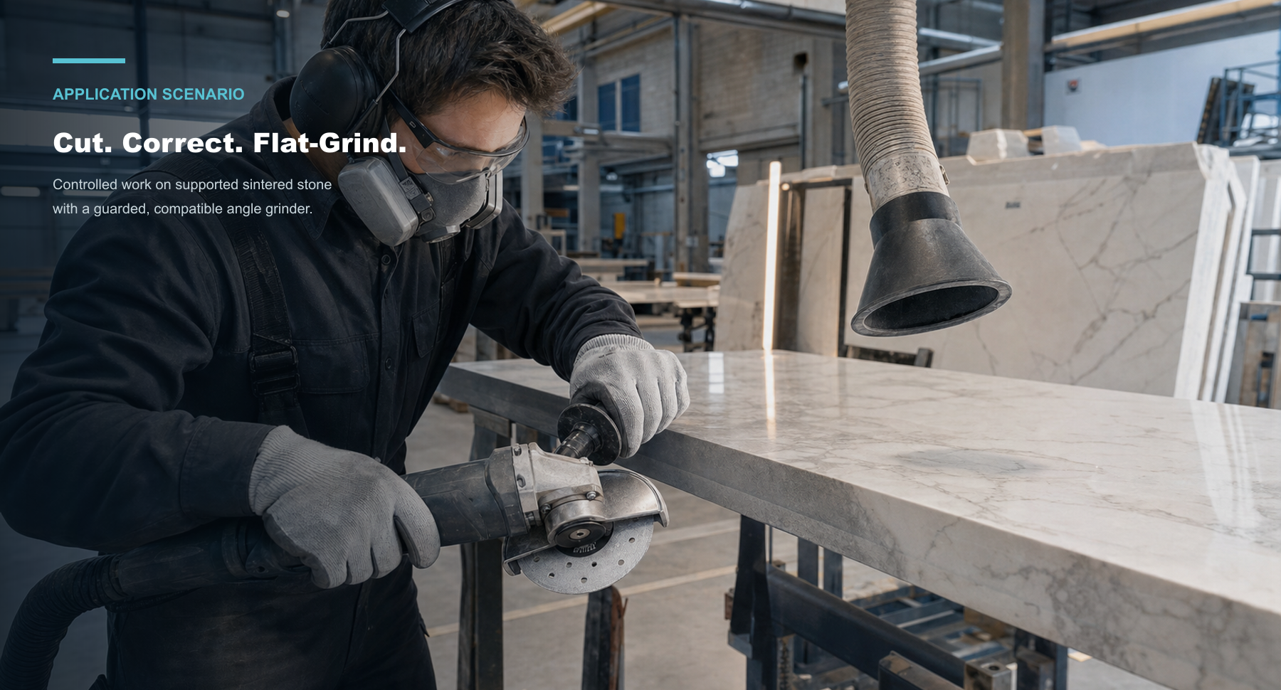 Worker using a guarded angle grinder on a supported sintered stone slab