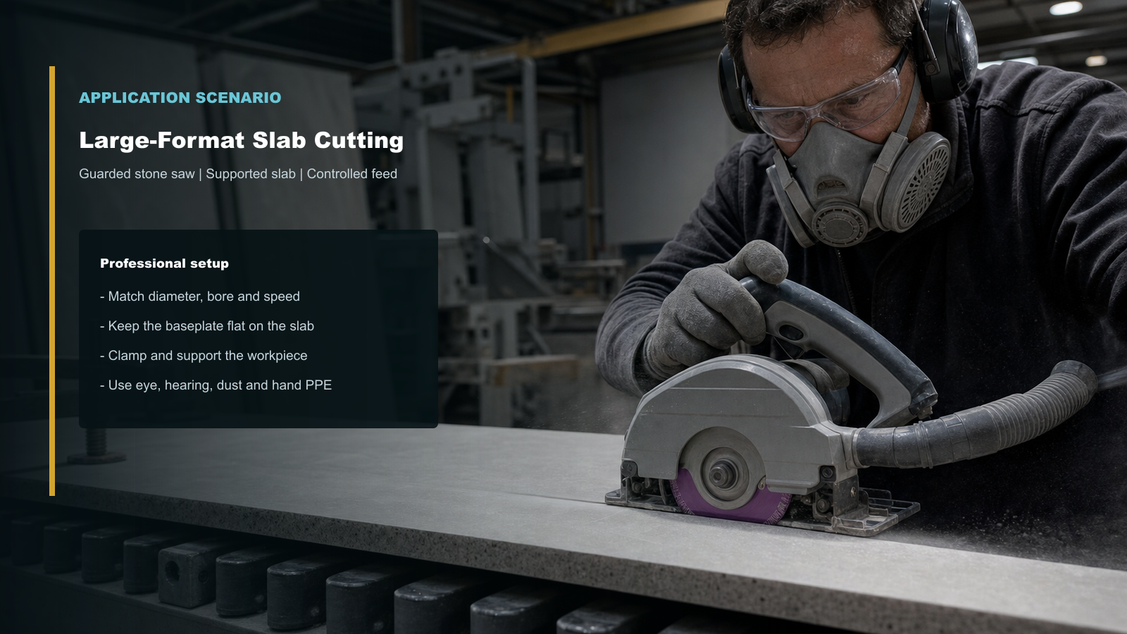 Worker using a guarded stone saw to cut a supported sintered stone slab