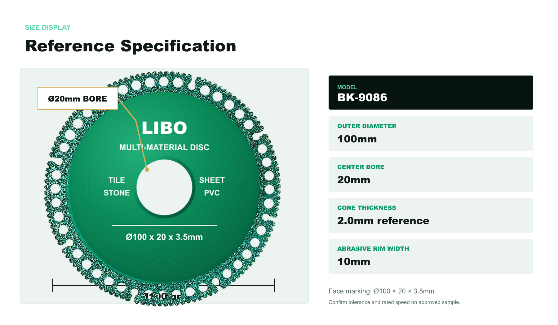 BK-9086 100mm diameter 20mm bore 2mm core and 10mm abrasive width