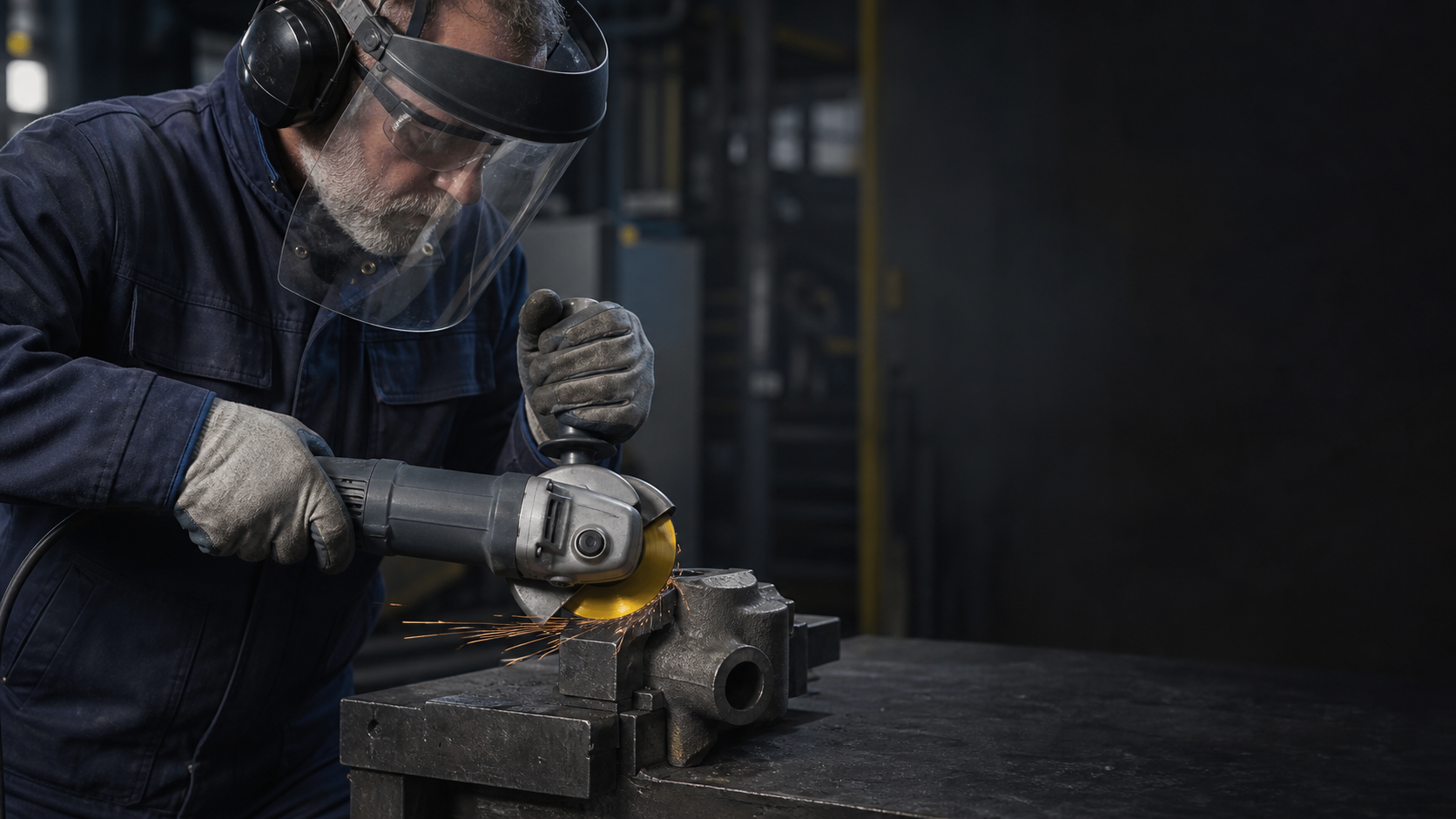 Angle grinder removing a burr from cast iron