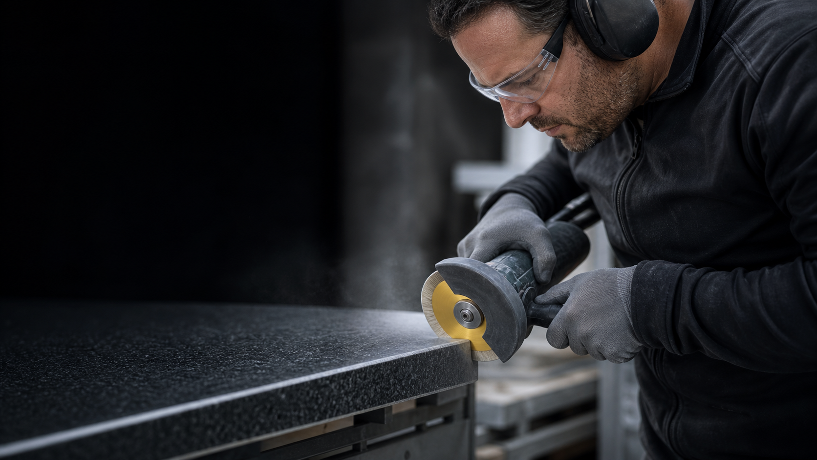 Angle grinder chamfering a granite slab edge