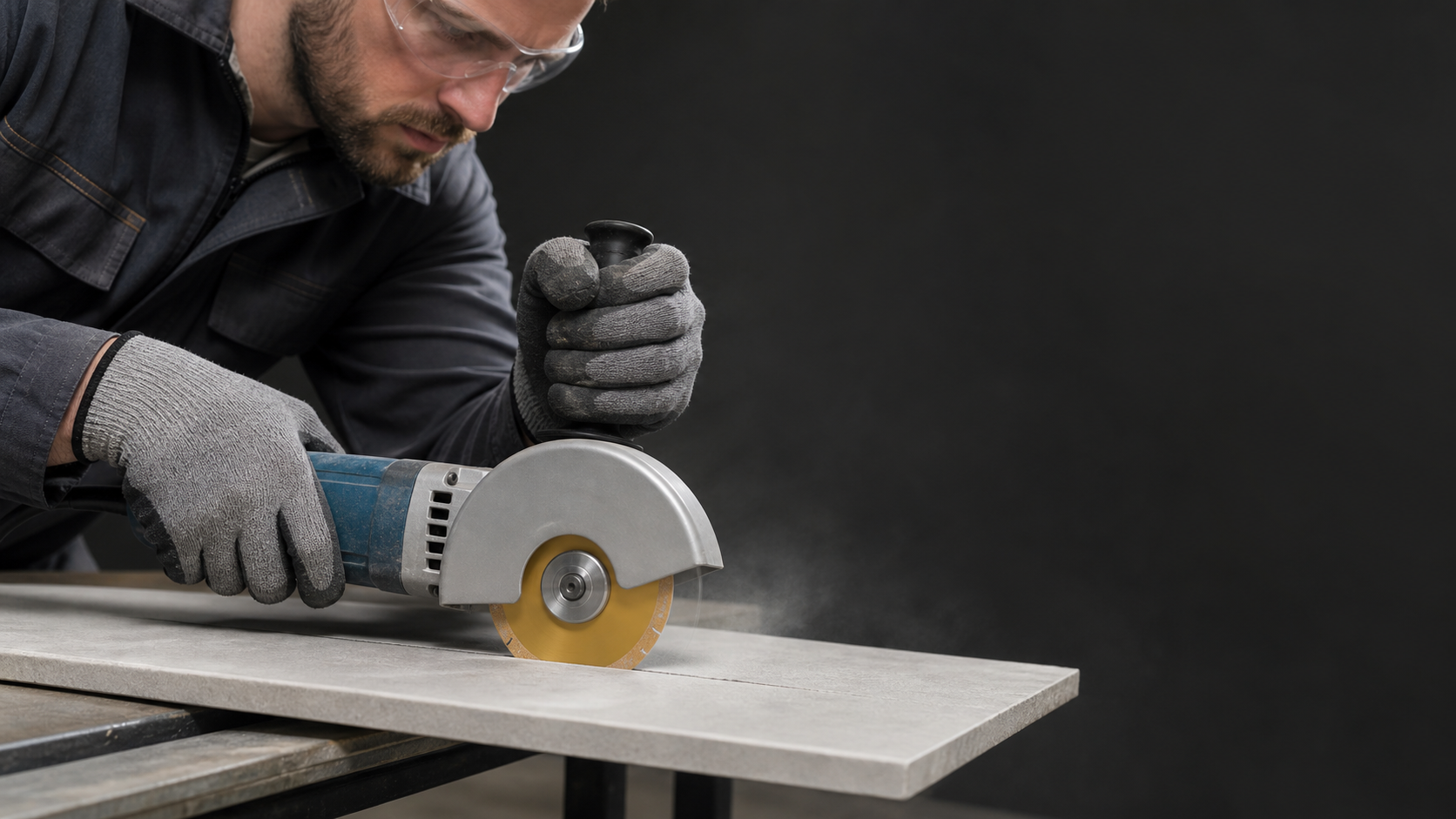 Angle grinder cutting a porcelain tile slab