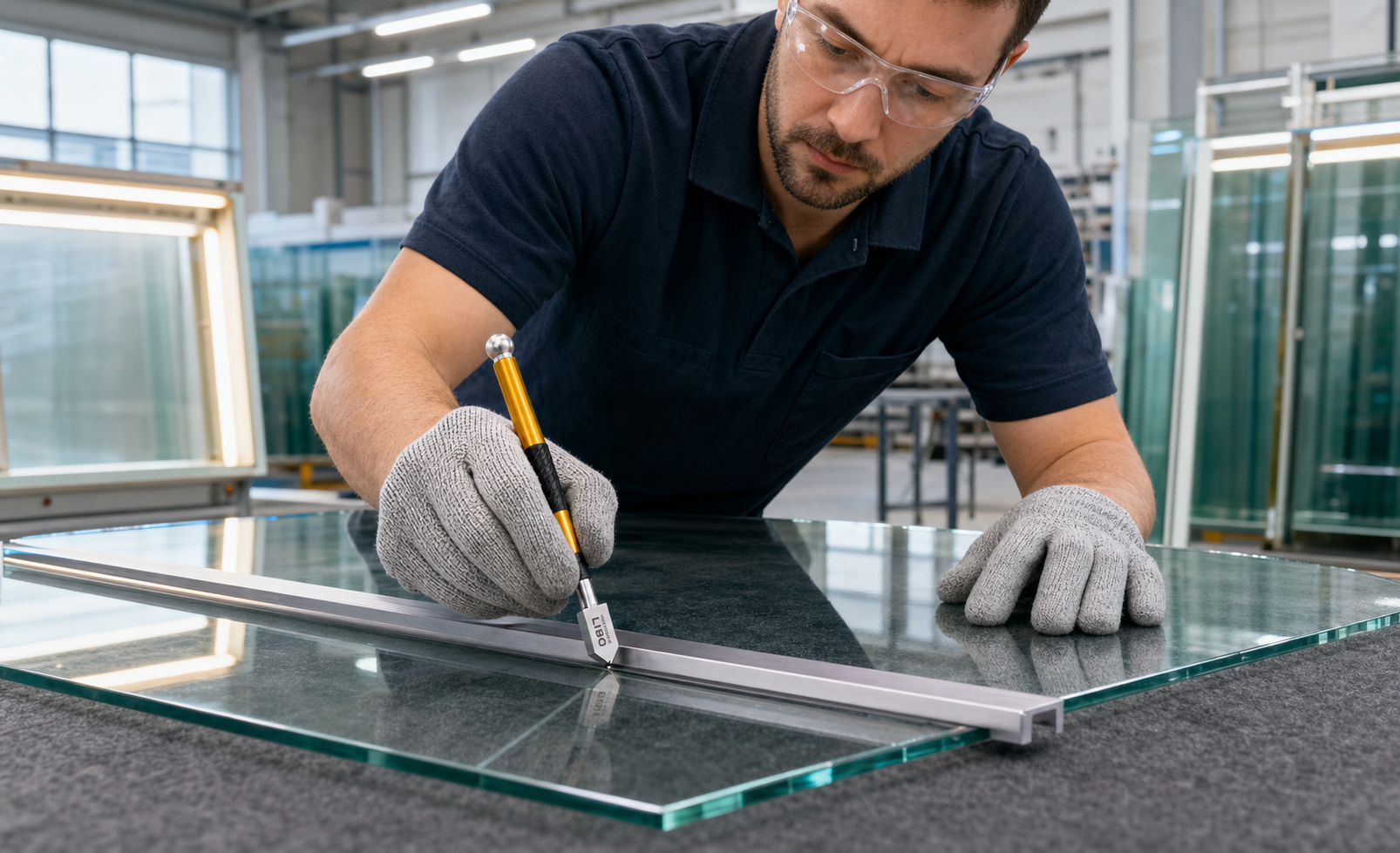 Technician scoring architectural glass with a LIBO pen-style glass cutter